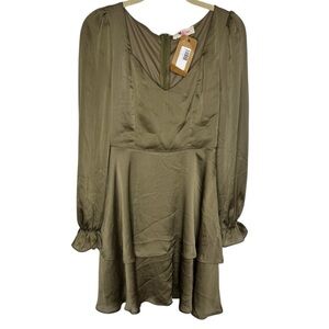 ✨ Peach Love Olive Green‎ Satin Long Sleeve Mini Dress S NWT ✨